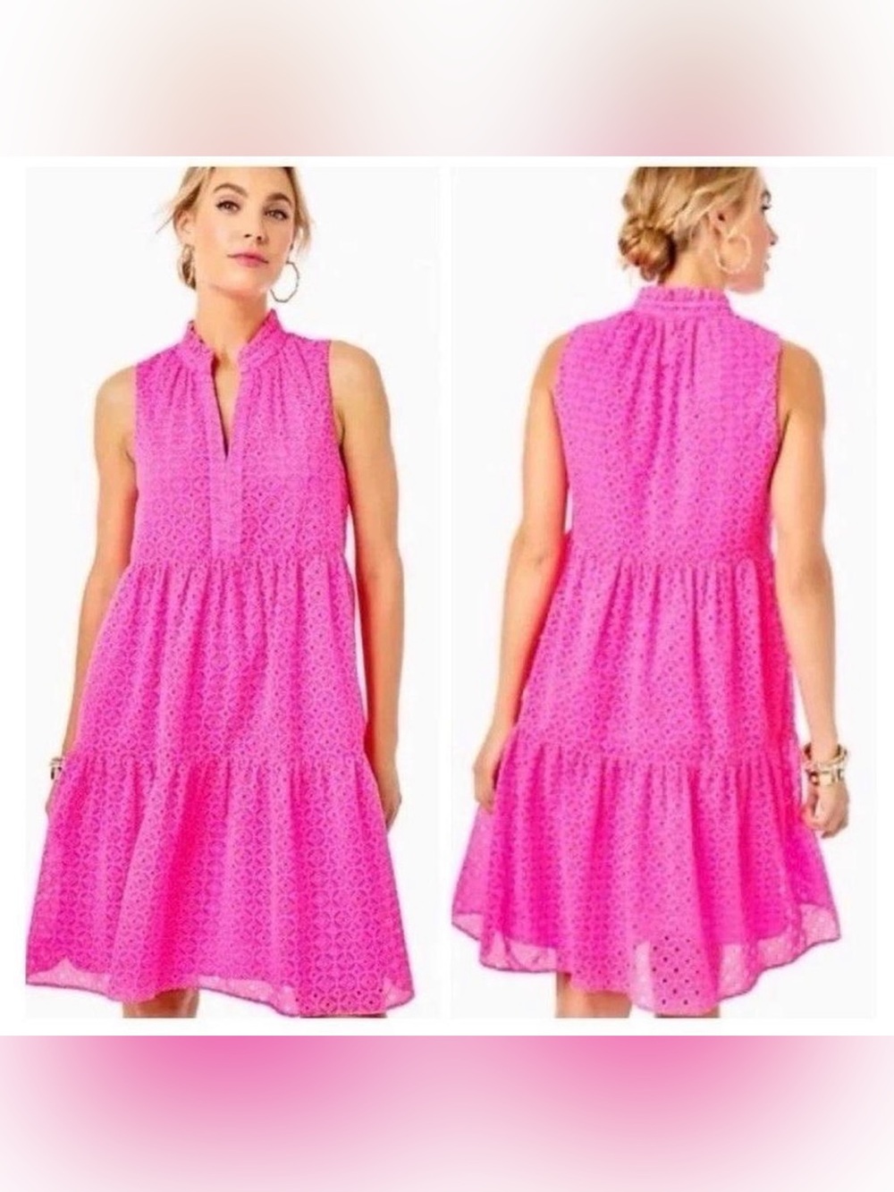 Lilly Pulitzer Notvella Eyelet Swing Hot Pink Sleeveless Tiered Dress Sz Large